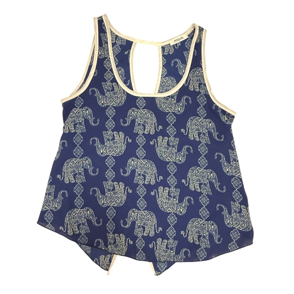 Persaya Blue Elephant Print Tulip Back Tank Top White Trim Small Chico Chiffon